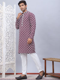 Jompers Floral Embroidered Thread Work Mandarin Collar Straight Kurta with Pyjamas