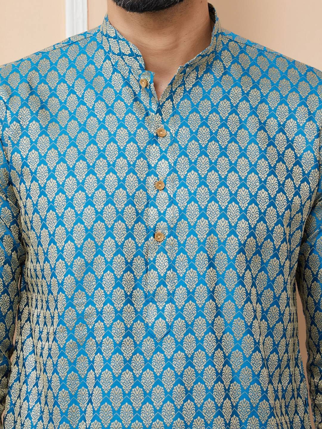 See Designs Ethnic Motifs Woven Design Mandarin Collar Silk Jacquard Straight Kurta