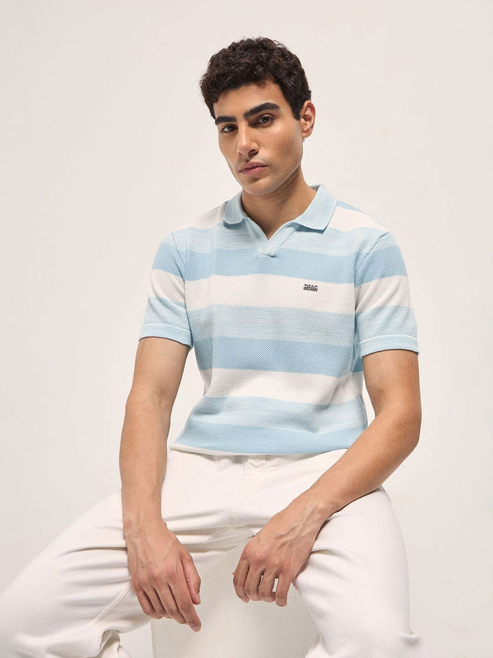THE BEAR HOUSE Men Striped Polo Collar Cotton Slim Fit T-shirt