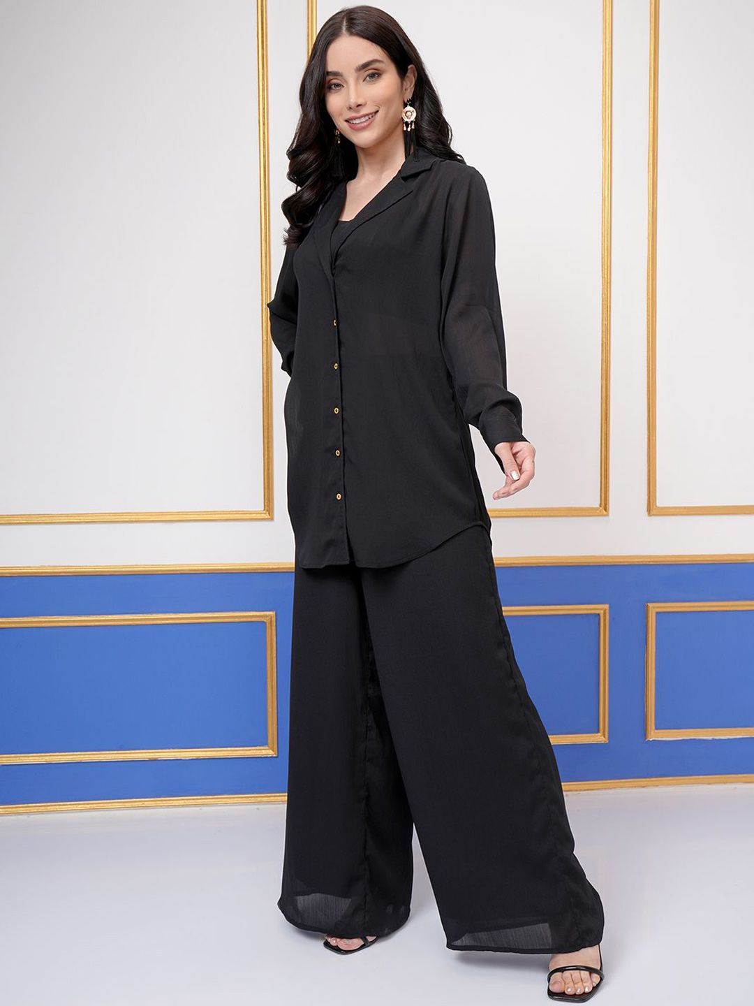 Vishudh Lapel Collar Long Sleeves Long Shirt With Palazzo With Crop Top
