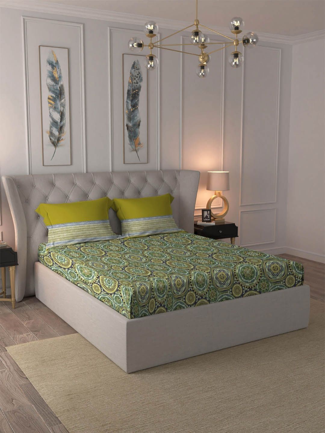 MYTRIDENT Blair Green Dusk & Dawn Flat 144TC Queen Cotton 1 Bedsheet with 2 Pillow Covers