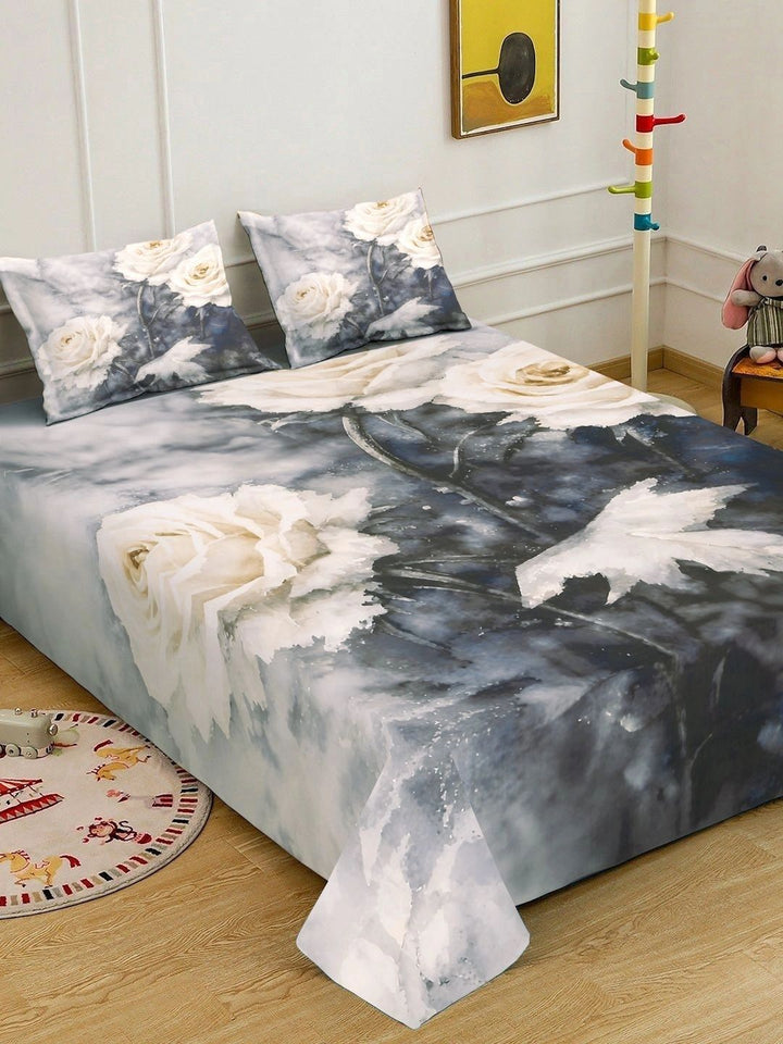 Myntra Elegant Homes Grey & White Floral 400 TC King Bedsheet with 2 Pillow Covers