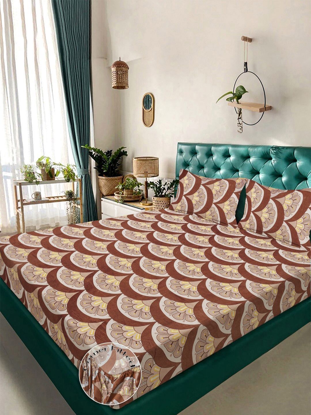 Aura Brown & White Floral Printed Set Cadar King 300 TC 2.50 m x 2.25 m