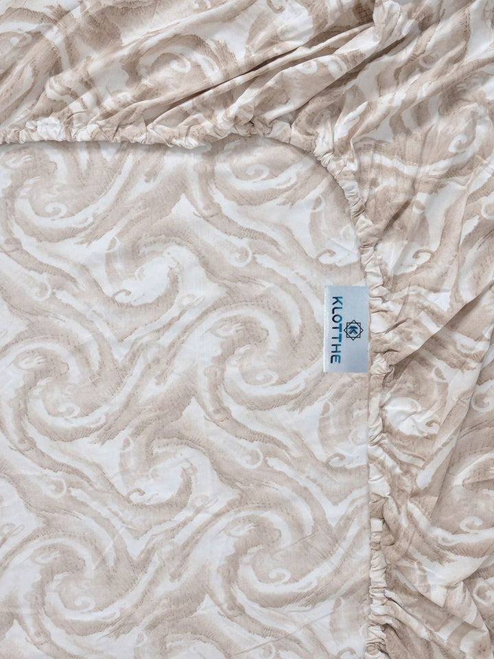 KLOTTHE Beige Abstract 300 TC Fitted Double King Bedsheet With 2 Pillow Covers