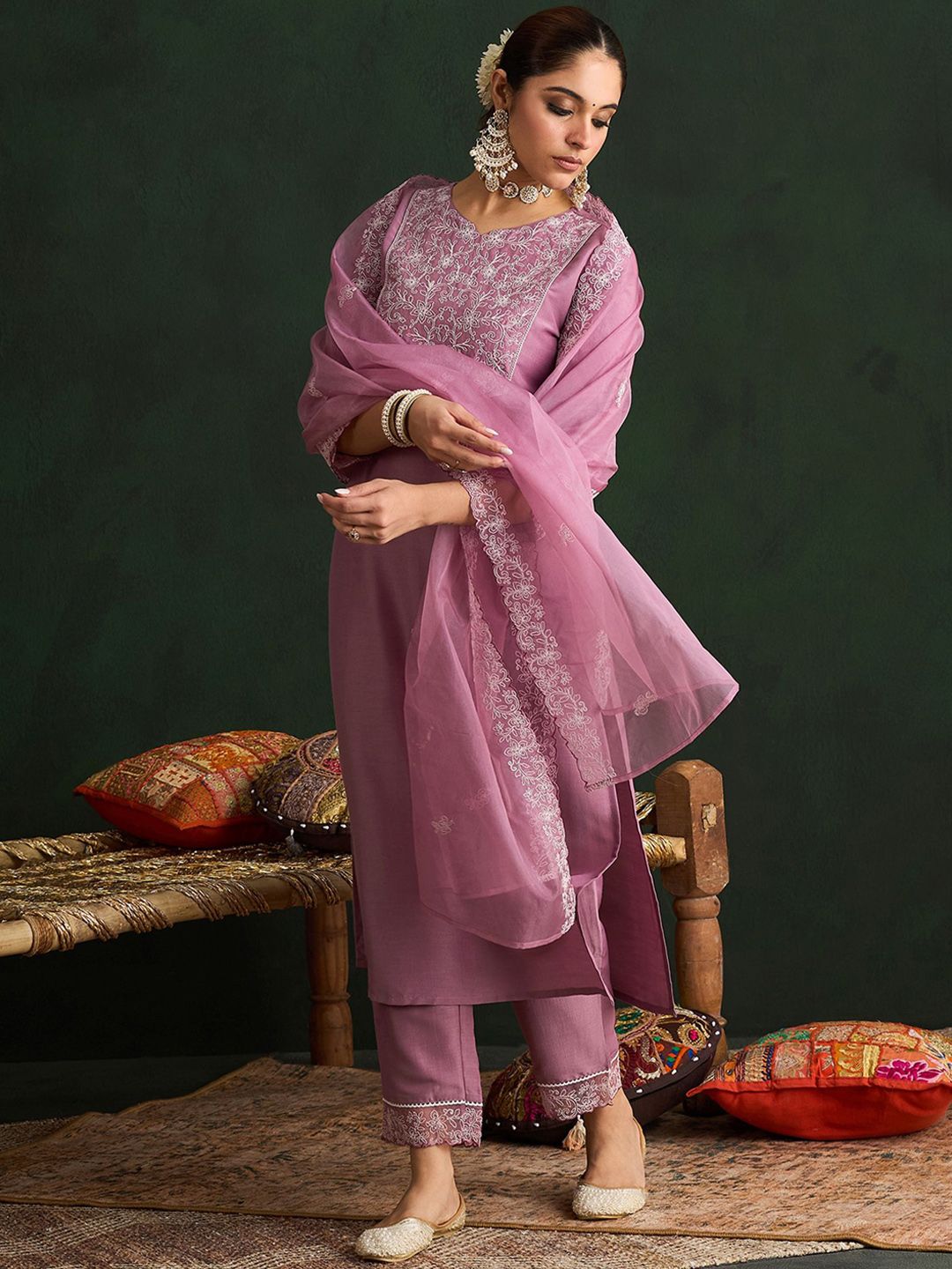 Indo Era Women Floral Yoke Design Regular Thread Work Kurta with Trousers & With Dupatta
