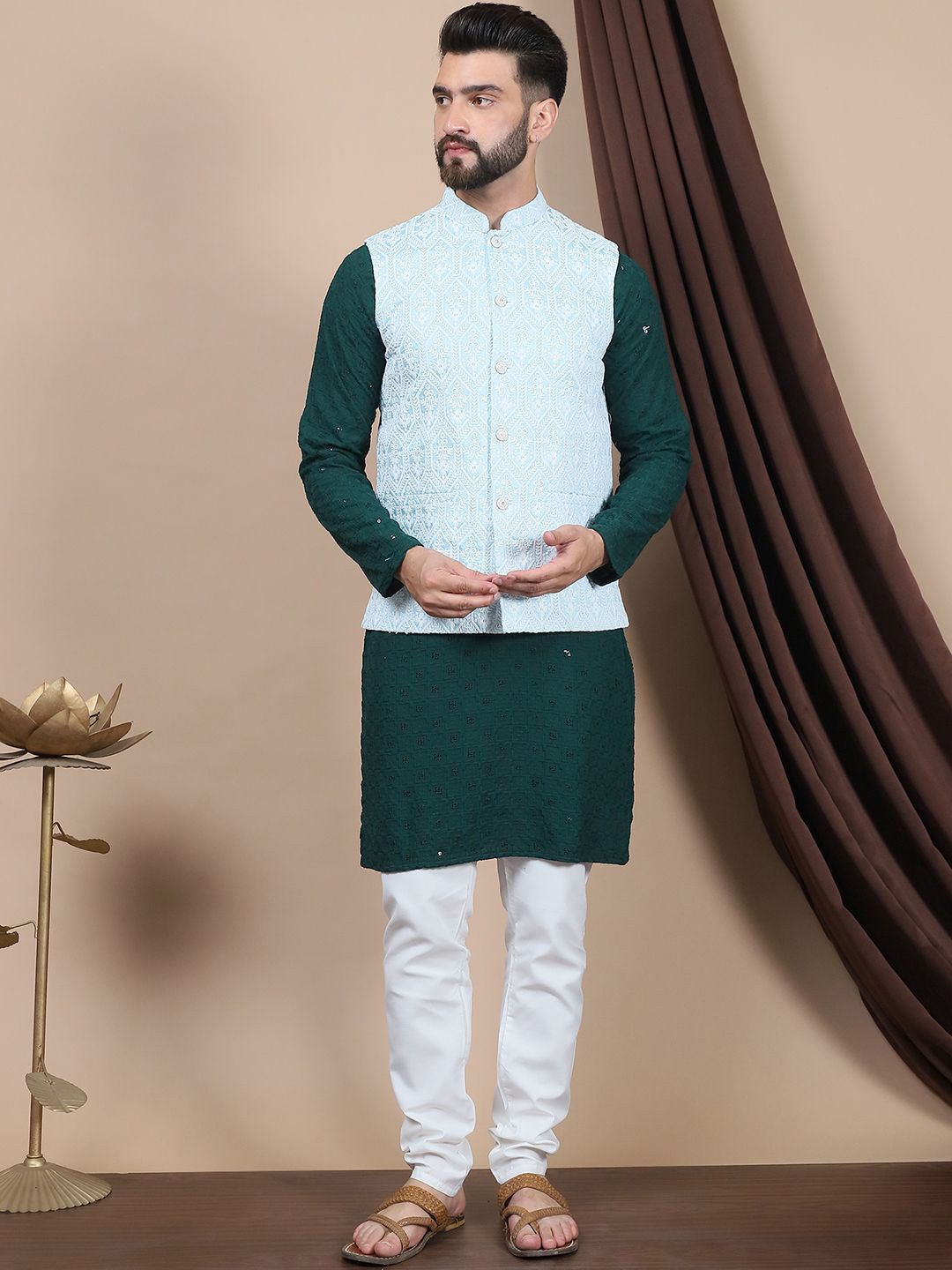 Anouk Floral Embroidered Sequinned Pure Cotton Straight Kurta With Churidar & Nehru Jacket