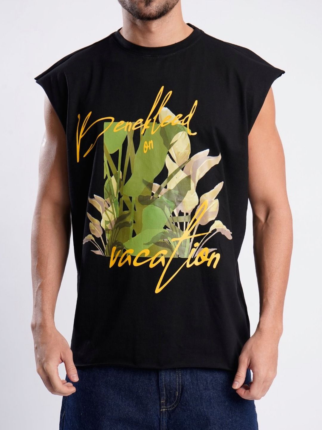 Bene Kleed Men Printed Extended Sleeves Raw Edge T-shirt