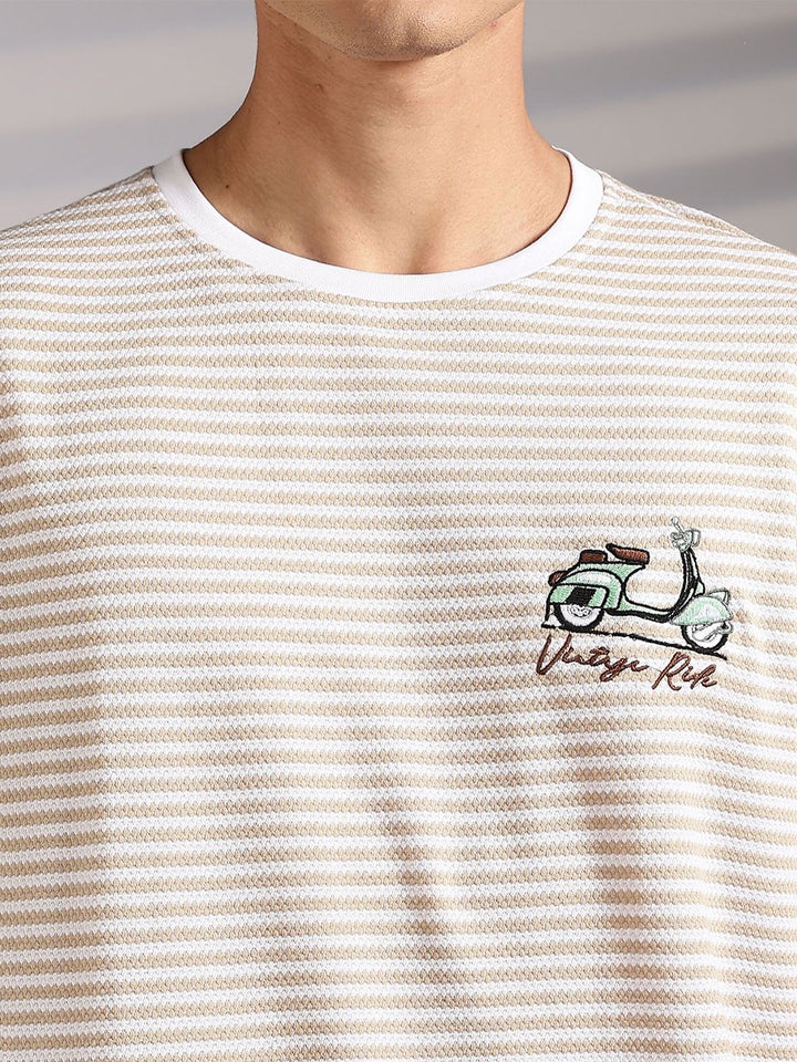 Eszett Drop Shoulder Vintage Ride Cream Striped Embroidered Cotton Round Neck Oversized Fit T-shirt