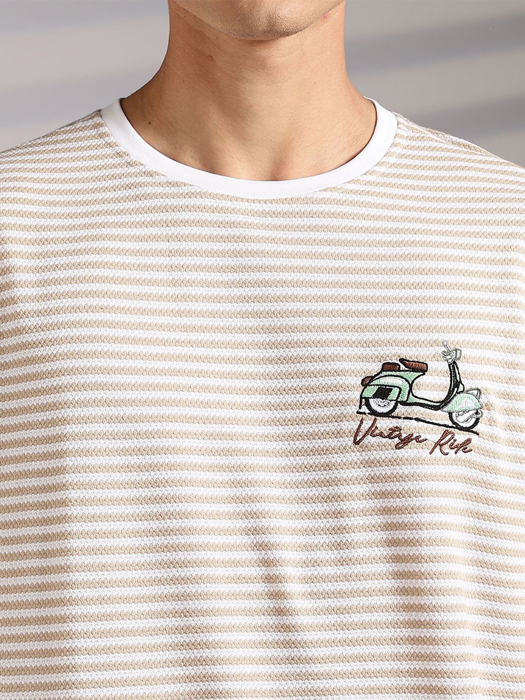 Eszett Drop Shoulder Vintage Ride Cream Striped Embroidered Cotton Round Neck Oversized Fit T-shirt