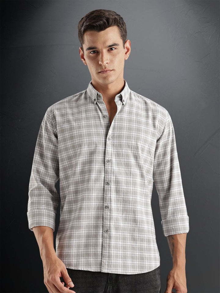 ADRO Tartan Checked Spread Collar Long Sleeves Cotton Casual Shirt