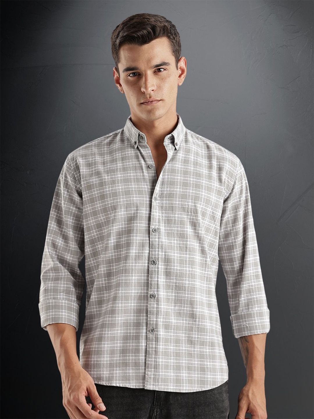 ADRO Tartan Checked Spread Collar Long Sleeves Cotton Casual Shirt
