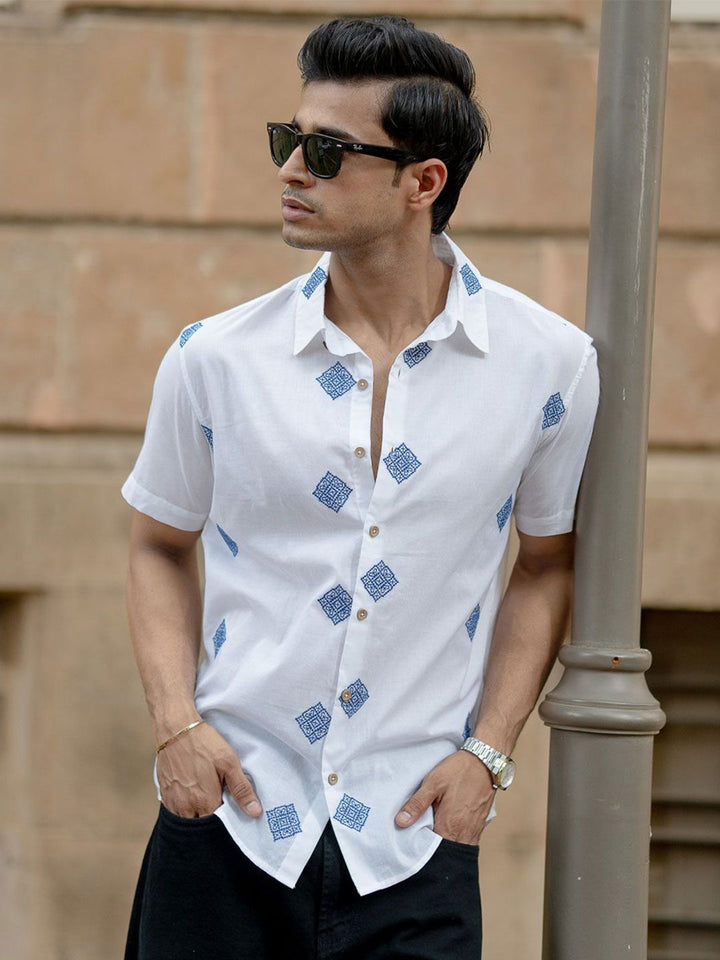 Powerlook SS25 Geometric Embroidered Pure Cotton Casual Shirt