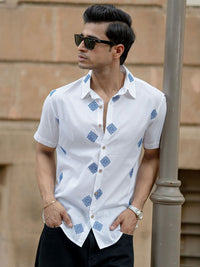 Powerlook SS25 Geometric Embroidered Pure Cotton Casual Shirt
