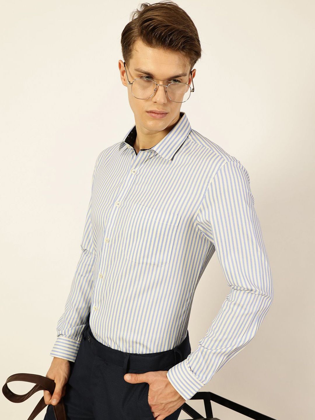 Thomas Scott Men Smart Cutaway Collar Vertical Striped Cotton Formal Shirt