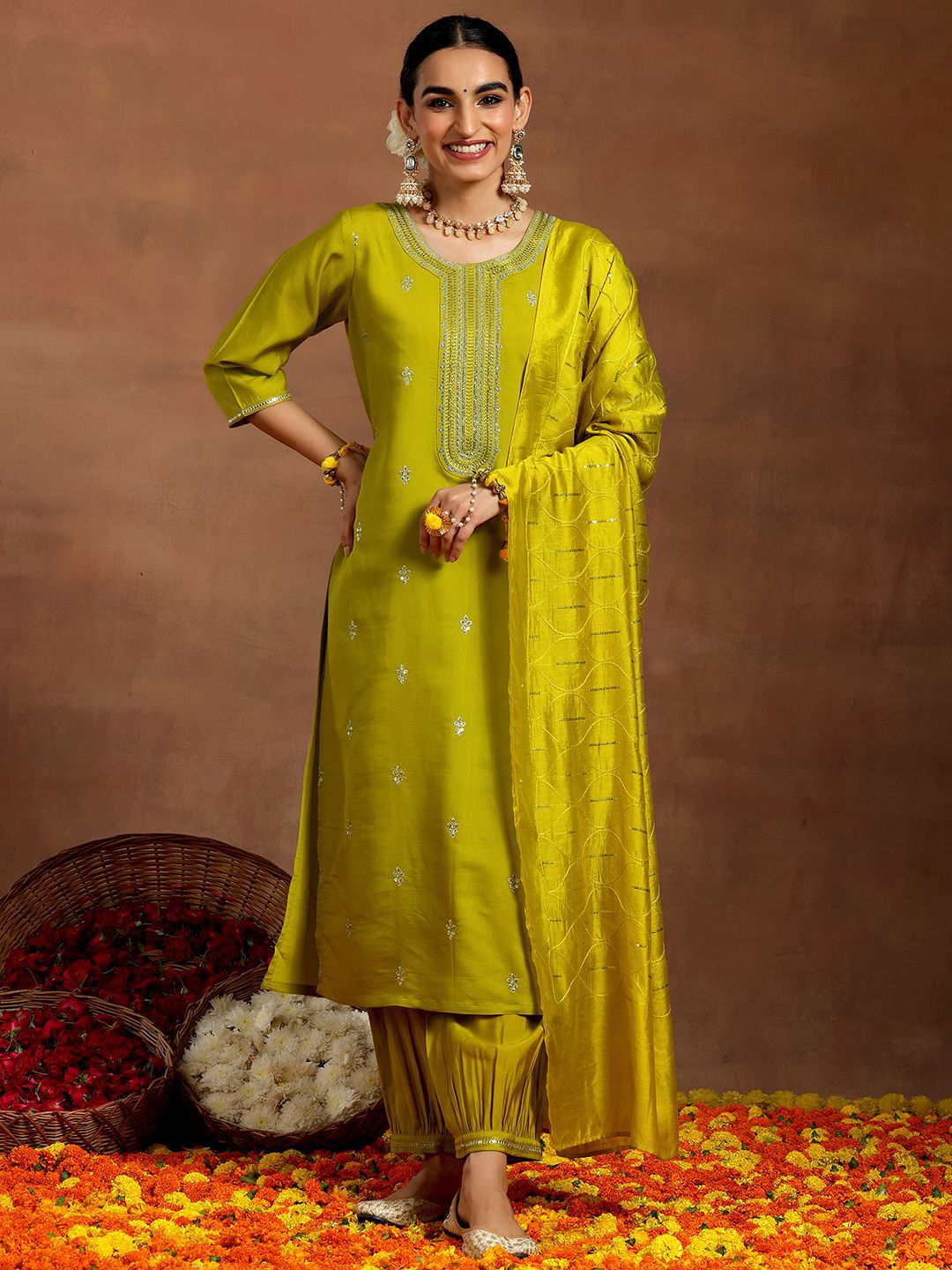 Libas Floral Embroidered Sequinned Straight Kurta with Salwar & With Dupatta