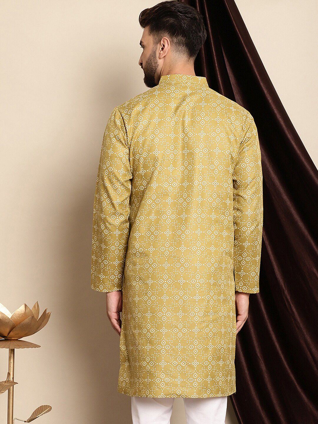 Anouk Ethnic Motifs Printed Band Collar Cotton Linen Regular Kurta