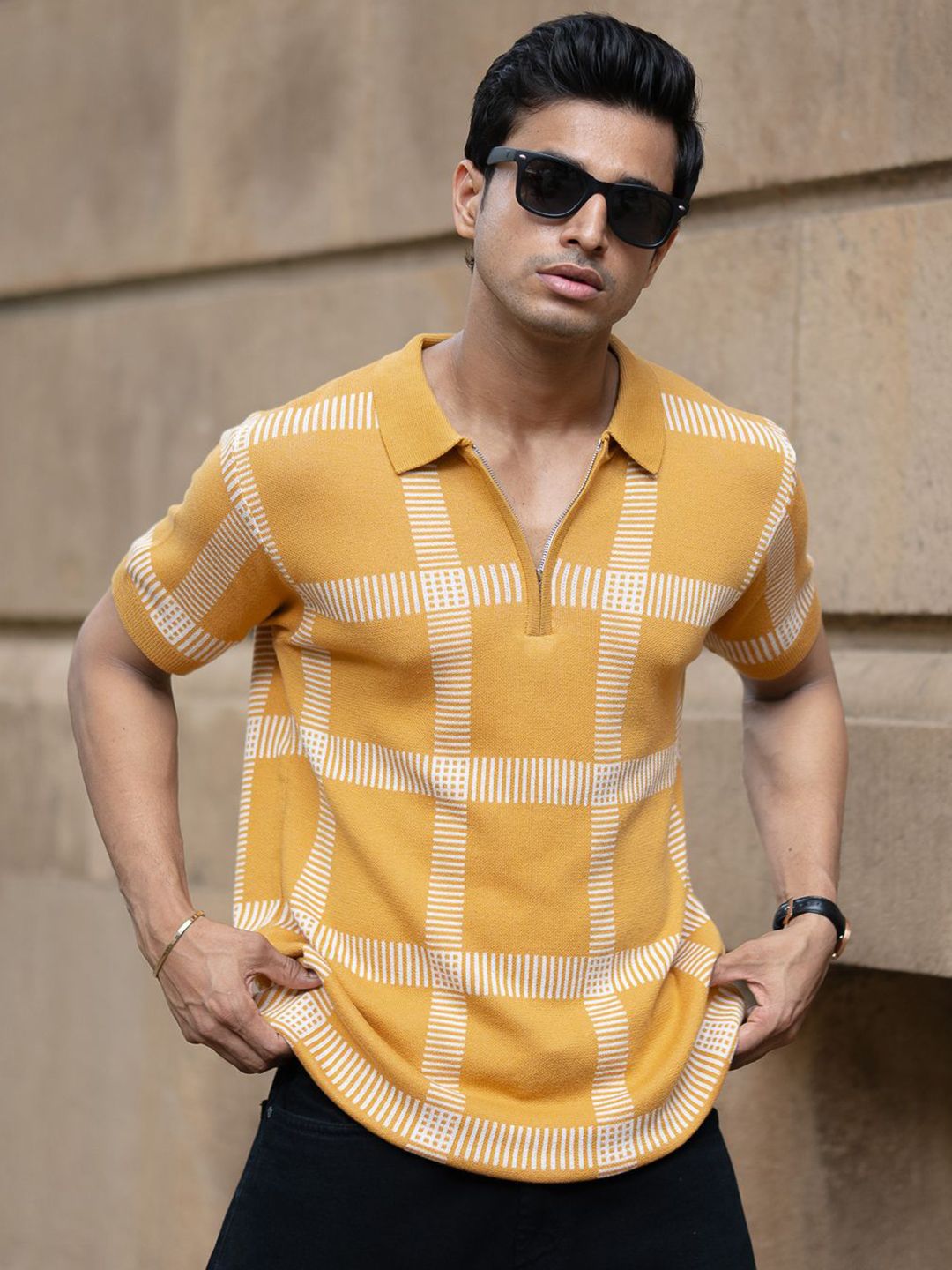 Powerlook SS25 Knitted Checked Polo Collar Pure Cotton T-Shirt