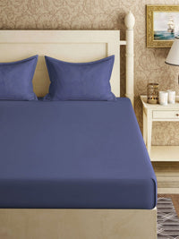 KLOTTHE Blue Cotton Breathable 300 TC Fitted King Bedsheet with 2 Pillow Covers-98 x 89 inches