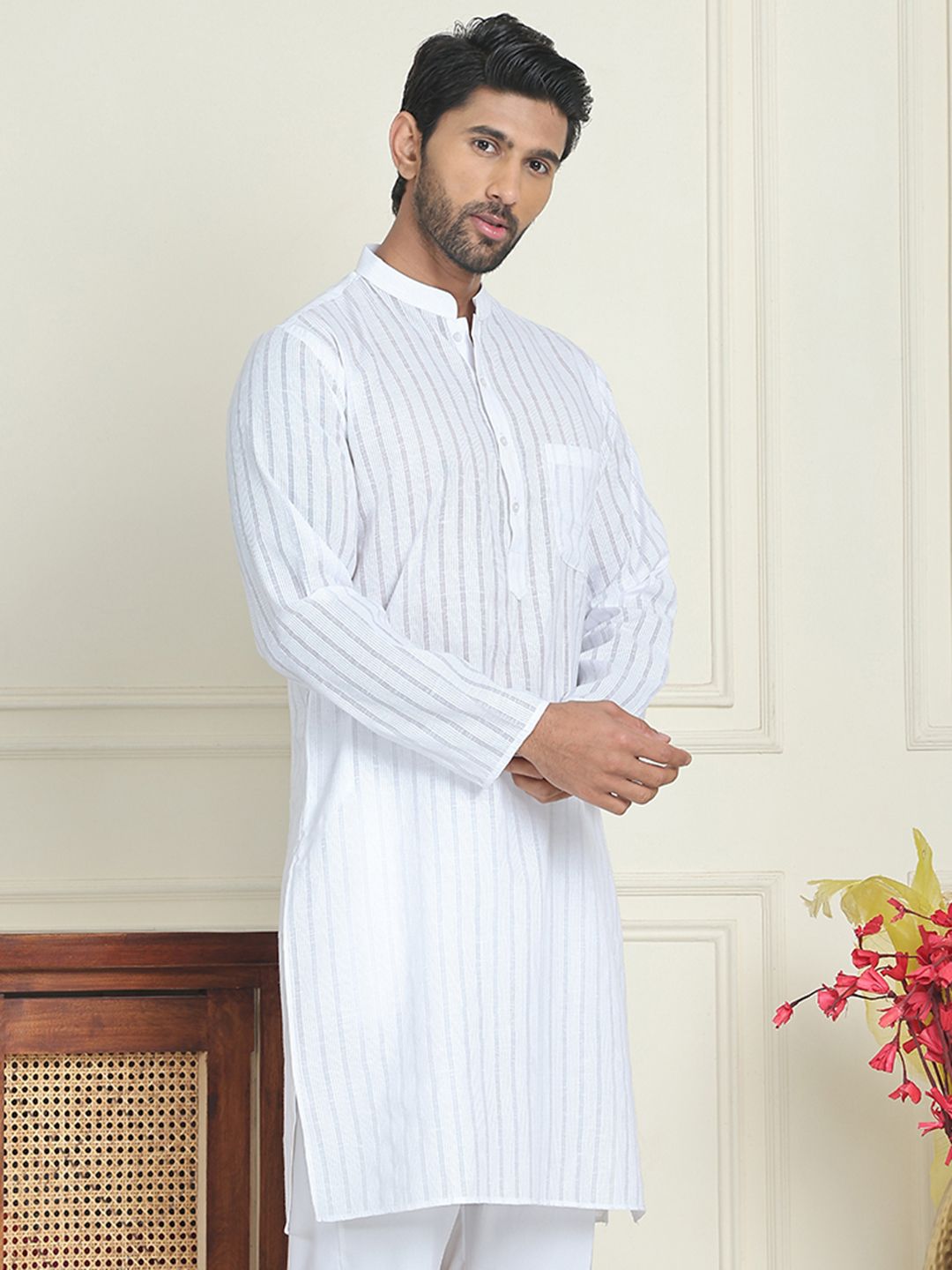 Jompers Striped Mandarin Collar Pure Cotton Straight Kurtas