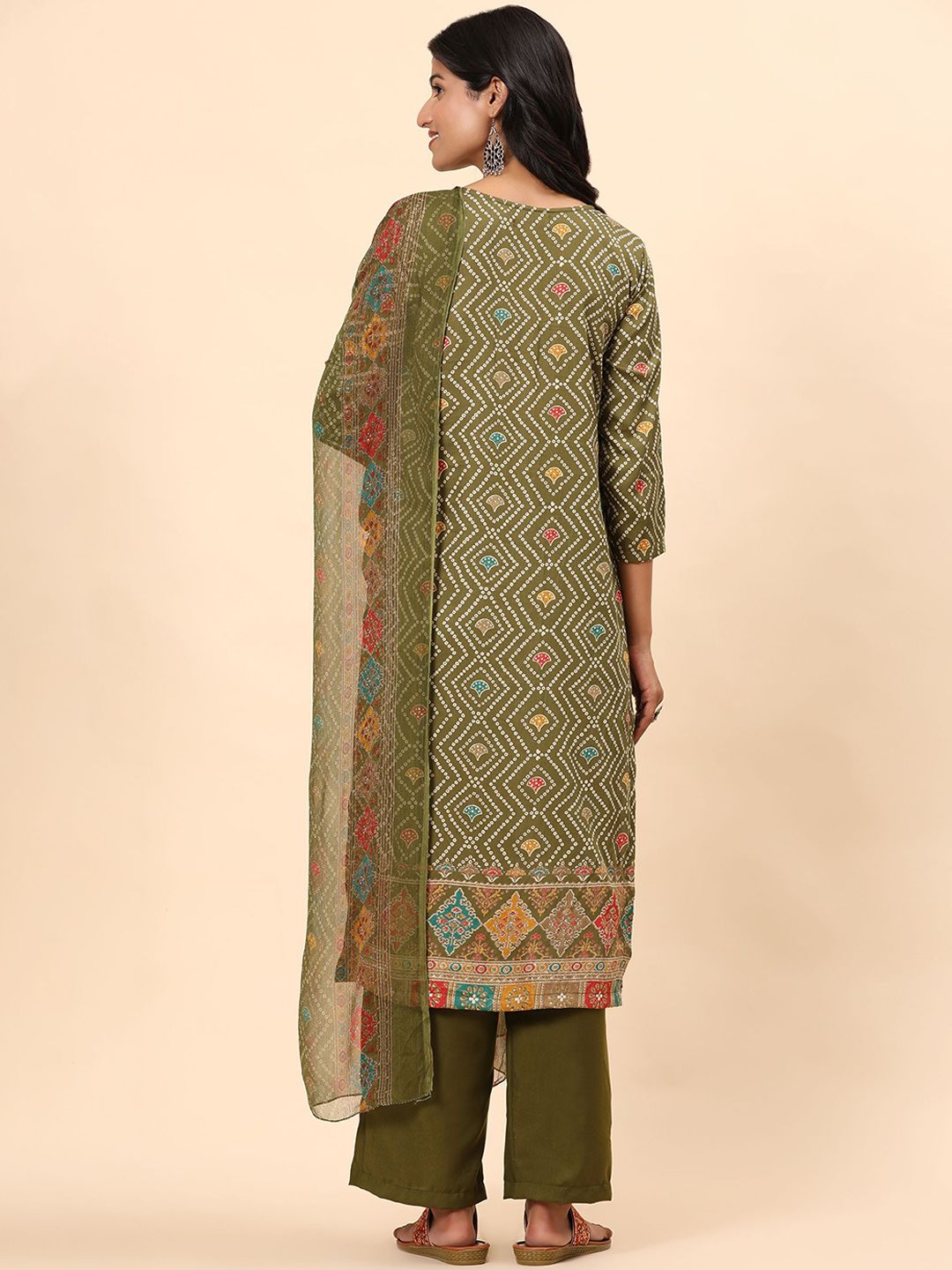 Kurta Lurus Kapas Tulen Bercetak Mamicha Bandhani dengan Palazzos & Dupatta