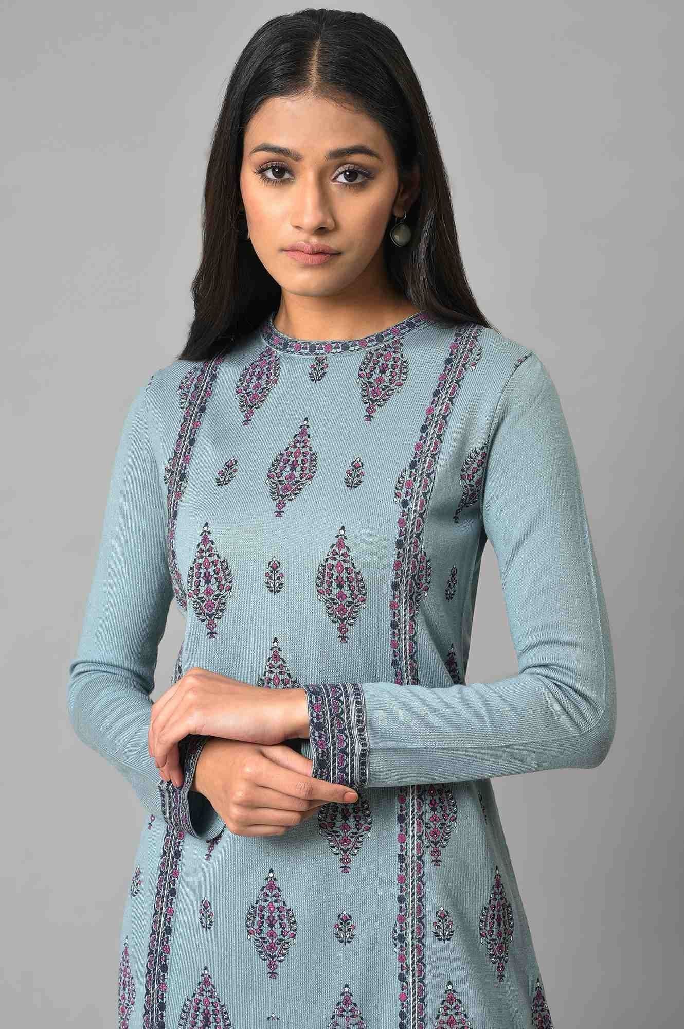 W Floral Printed Round Neck Acrylic A-Line Kurta
