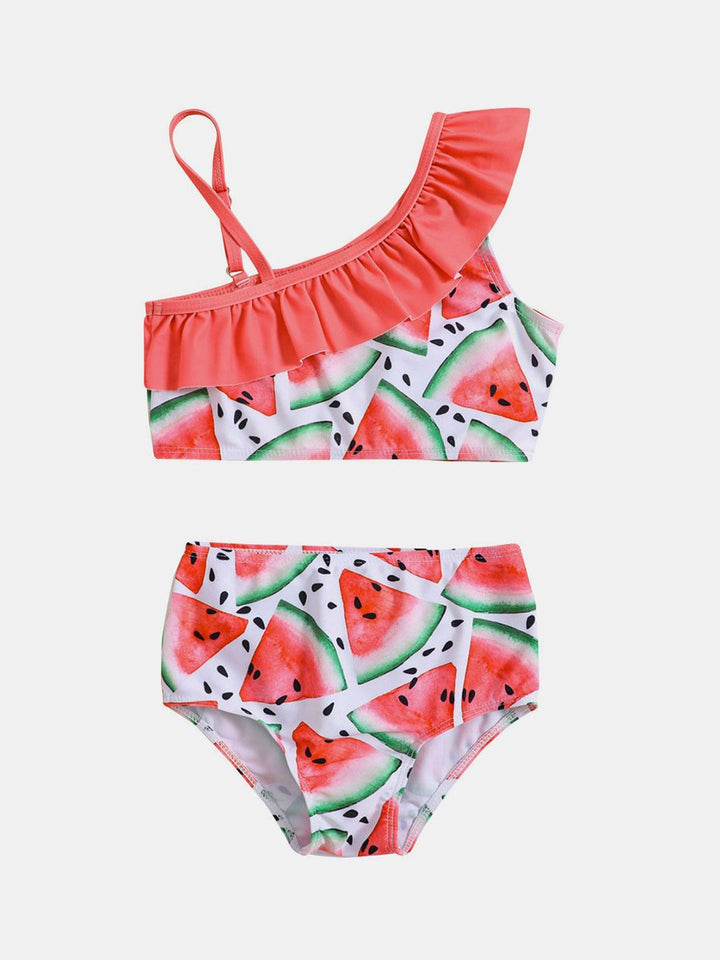 YK Girls Watermelon Printed One Shoulder Swim Bikini Set