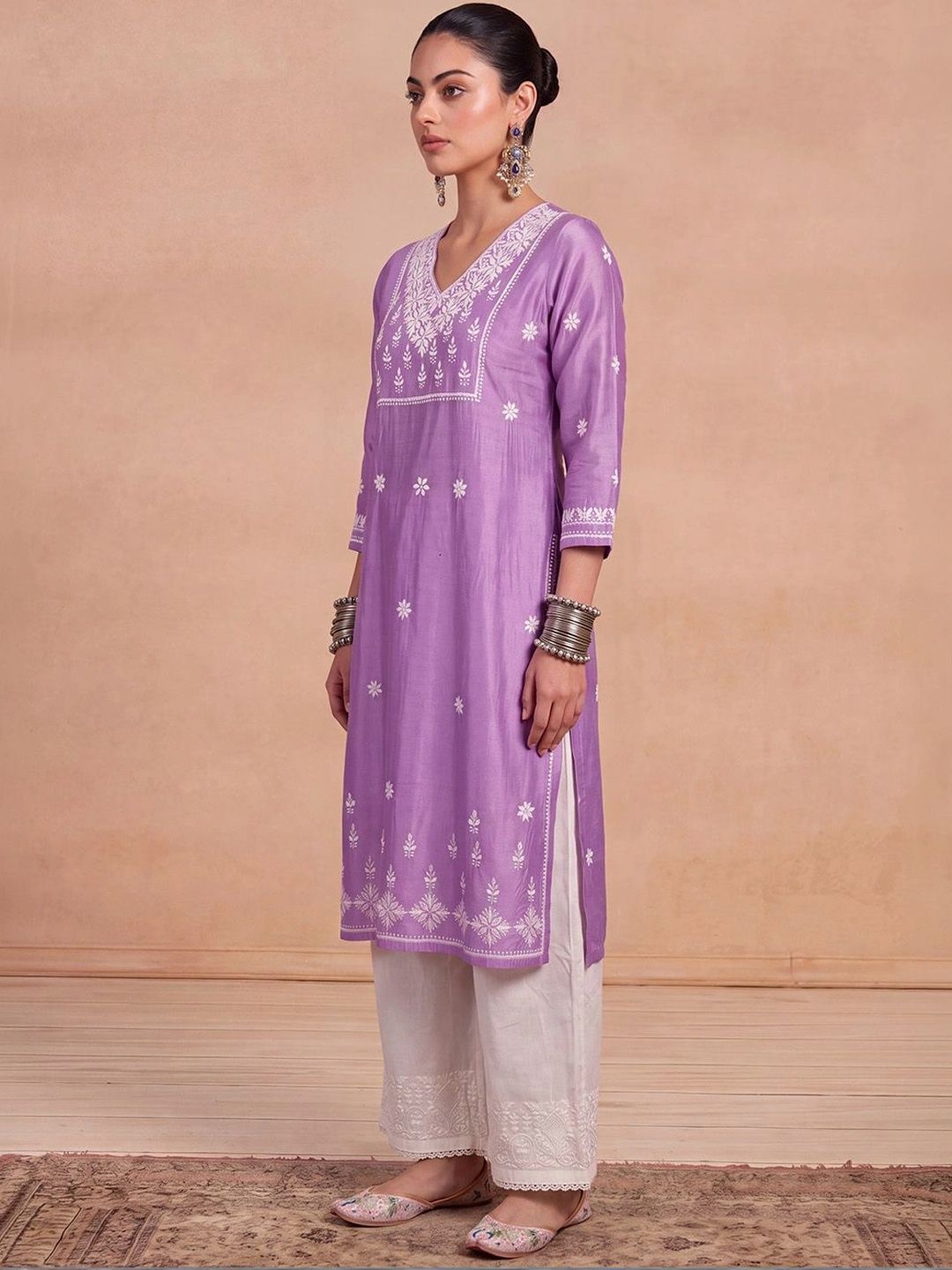 House of Chikankari Women Lavender Chanderi Chikankari Embroidered Kurta