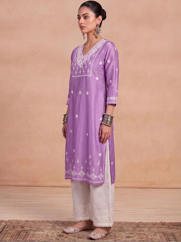 House of Chikankari Women Lavender Chanderi Chikankari Embroidered Kurta
