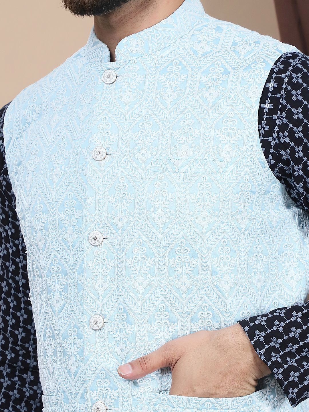 Motif Etnik Kelabu Anouk Bersulam Kapas Tulen Kurta Lurus & Jaket Churidar & Nehru