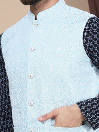 Motif Etnik Kelabu Anouk Bersulam Kapas Tulen Kurta Lurus & Jaket Churidar & Nehru