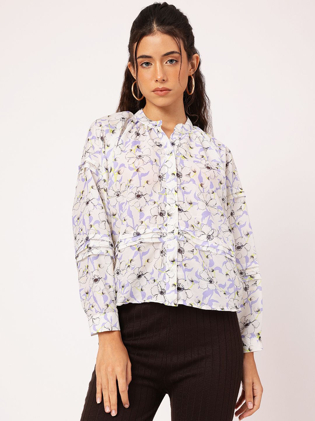 DressBerry Blooming Brilliant Floral Print Pleated Shirt Style Top