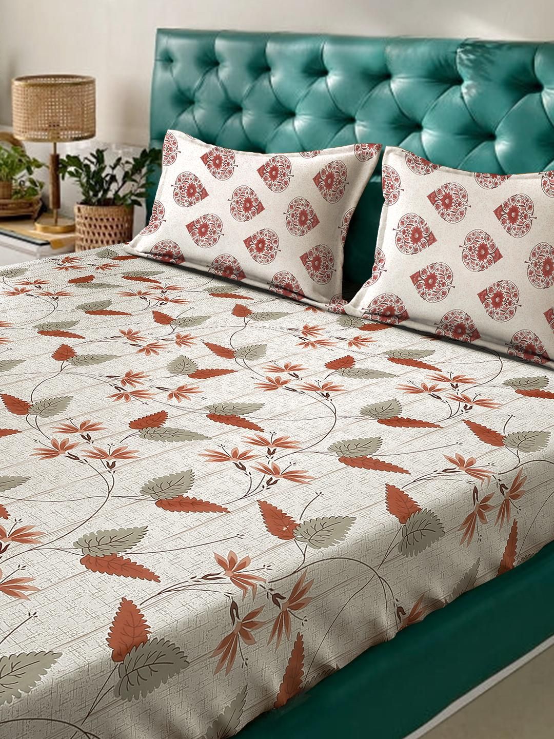 Set Cadar Kembar KLOTTHE Beige Dan Merah Bunga Bercetak Bunga 400 TC 2.50 m x 2.20 m