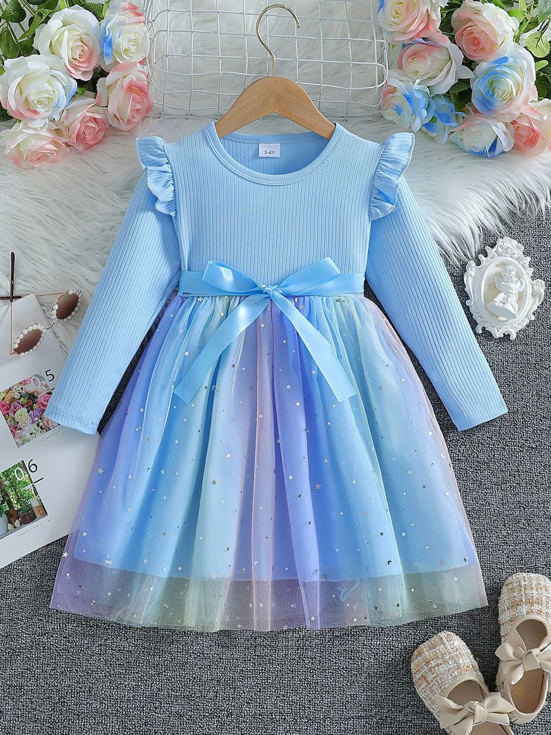 YK Girls Flutter Sleeves Fit & Flare Dress