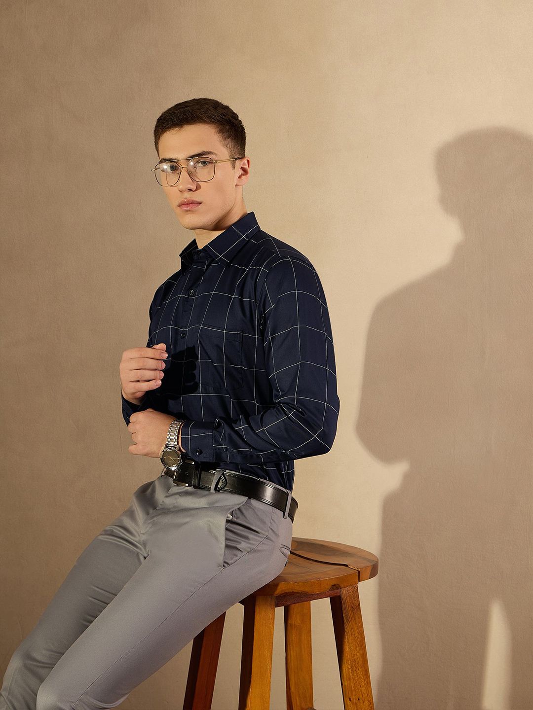 DENNISON Men Smart Spread Collar Windowpane Checked Cotton Formal Shirt