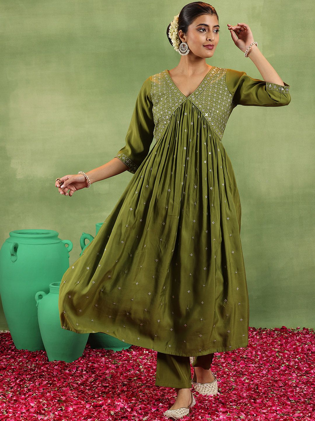Libas Floral Embroidered V-Neck A-Line Kurta With Trousers