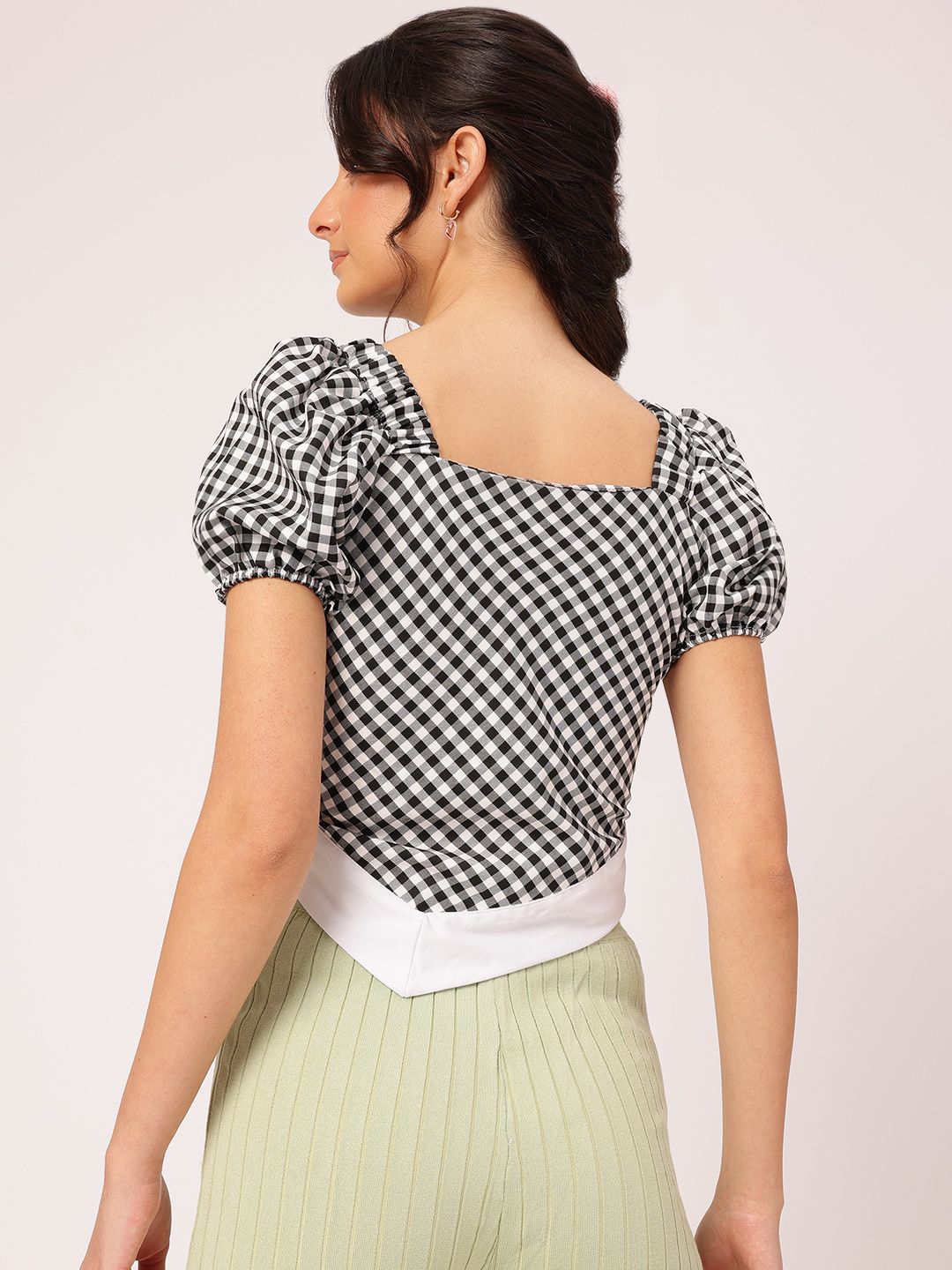 DressBerry Midnight Gingham Flossed Dip Ruched Glam Crop Top