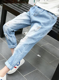 YK Girls Cotton Comfort Relaxed Fit Mildly Distressed Light Fade Stretchable Jeans