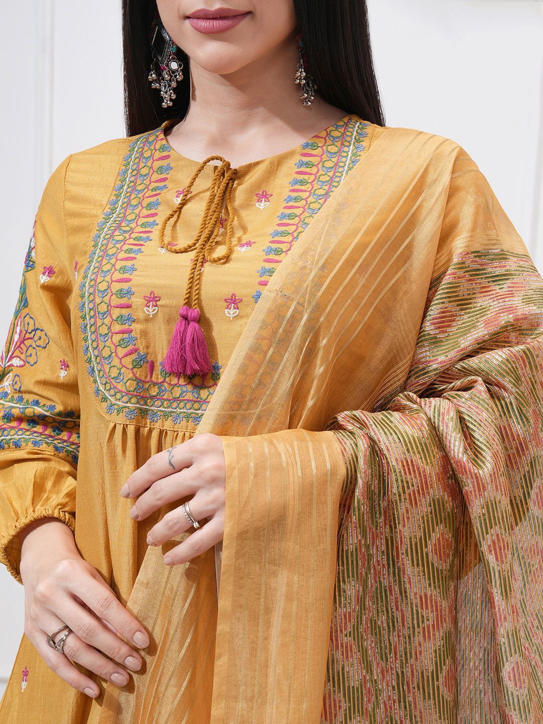 Vishudh Floral Embroidered Tie-Up Neck Thread Work A-line Kurta With Trouser And Dupatta