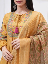 Vishudh Floral Embroidered Tie-Up Neck Thread Work A-line Kurta With Trouser And Dupatta