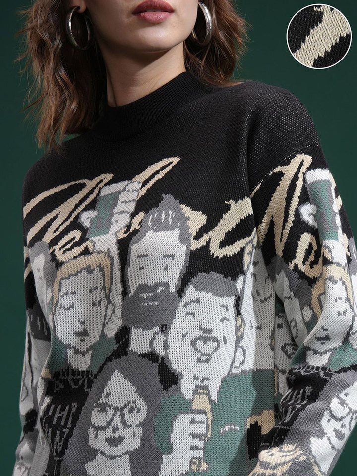 Tokyo Talkies Wanita Leher Reka Bentuk Diri Sweater Bercetak Sweater