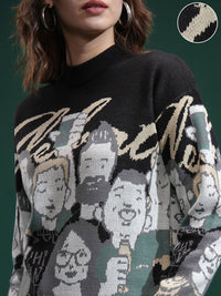 Tokyo Talkies Wanita Leher Reka Bentuk Diri Sweater Bercetak Sweater