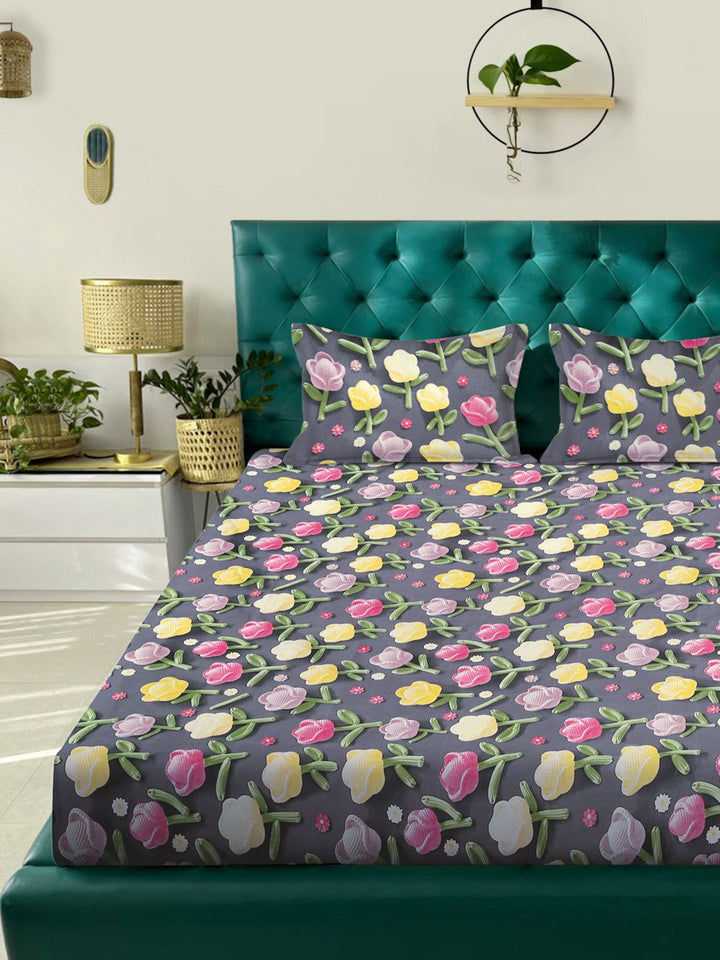 KLOTTHE Grey Floral 300TC King Superfine 7D Cadar & 2 Sarung Bantal-2.50mx2.25m
