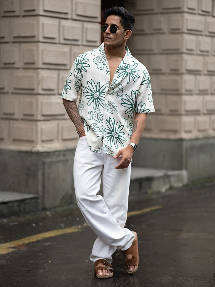 Powerlook Men Cuban Collar Floral Printed Oversized Casual Shirt