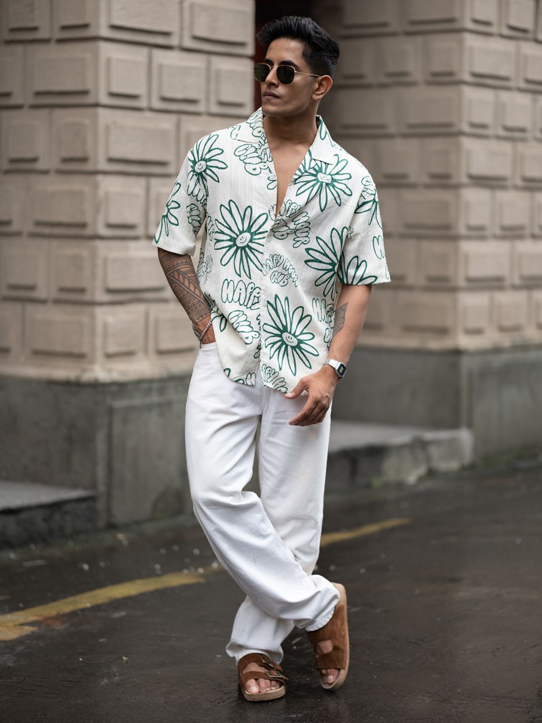 Powerlook Men Cuban Collar Floral Printed Oversized Casual Shirt