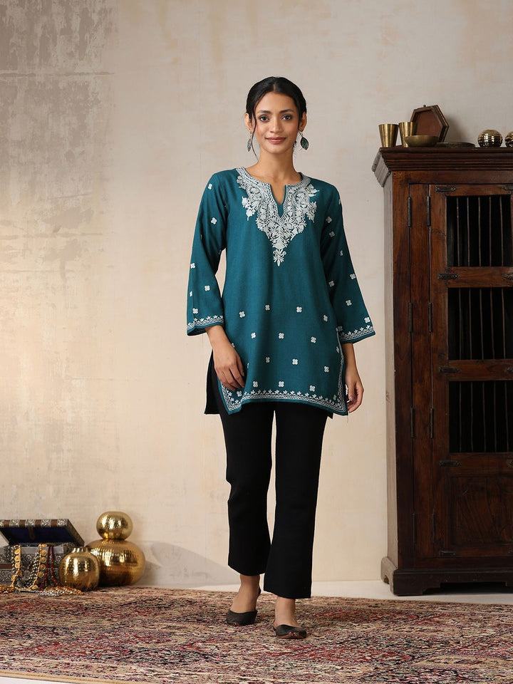 House of Chikankari Women Teal Woollen Aari Embroidered Kurti