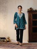 House of Chikankari Women Teal Woollen Aari Embroidered Kurti
