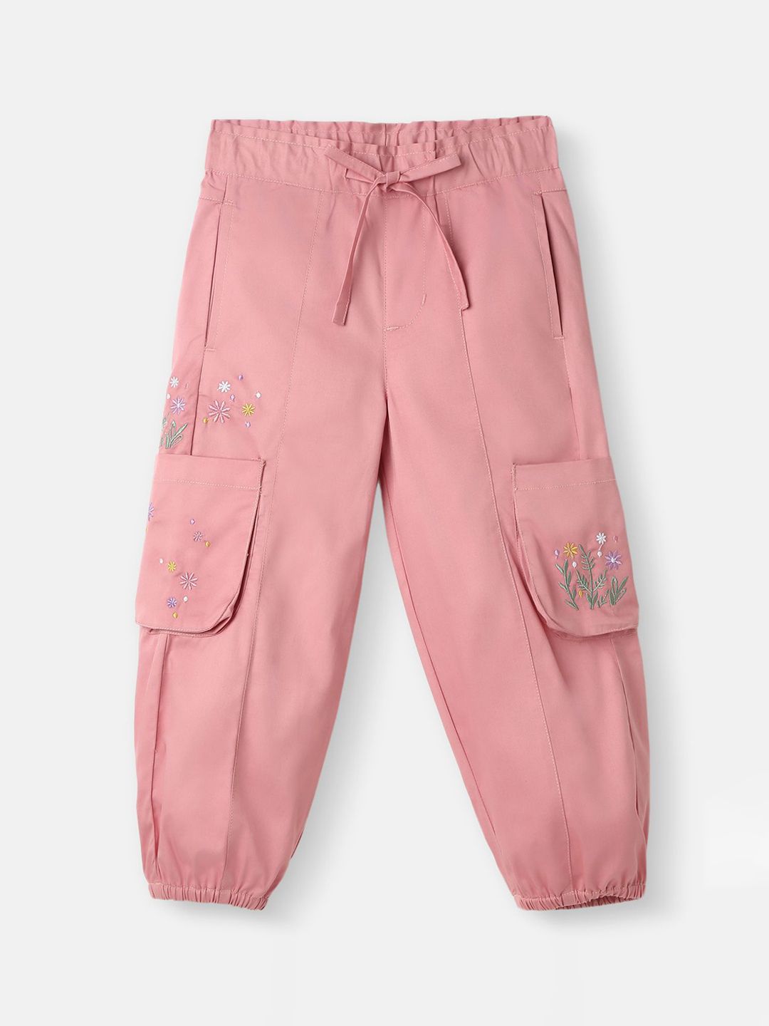 Nauti Nati Girls Cotton Cargo Joggers Floral Embroidery with Pockets