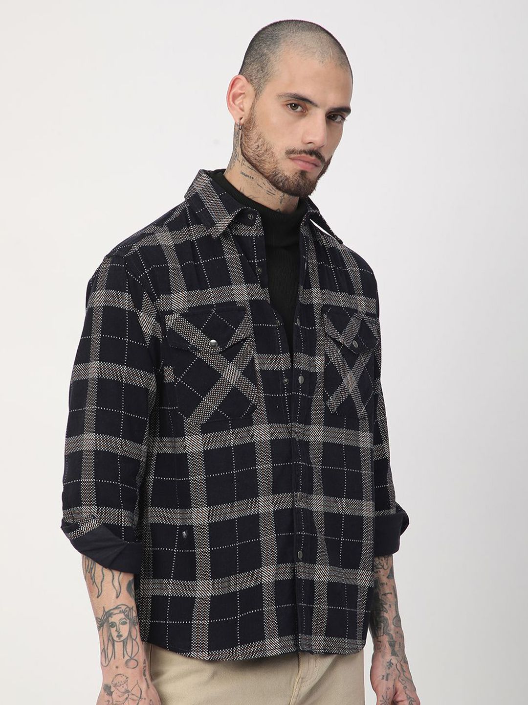 VASTRADO Men Elan Navy Dot Checks Double Flap Pocket Cotton Corduroy Overshirt