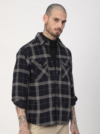 VASTRADO Men Elan Navy Dot Checks Double Flap Pocket Cotton Corduroy Overshirt