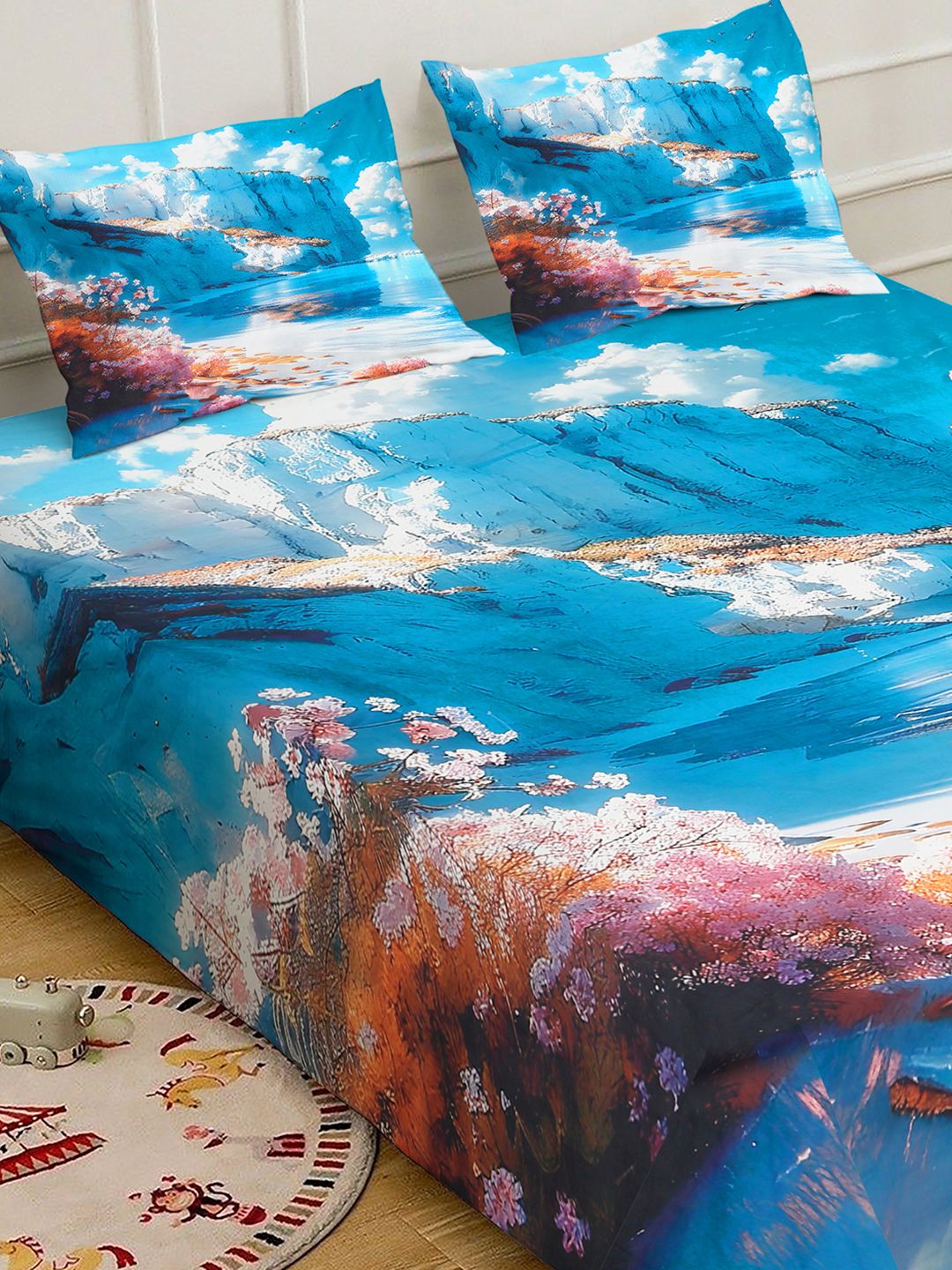 Klotthe Floral Printed 400 TC Double King 7D Bedsheet With 2 Pillow Cover-2.50 m x 2.25m